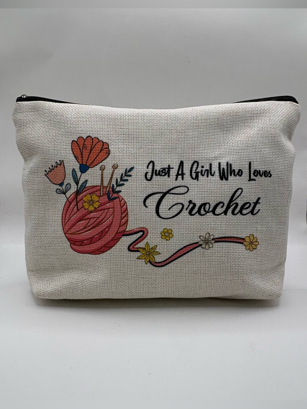 Just A Girl Who Loves Crochet Canvas Pouch - White with Pink Design